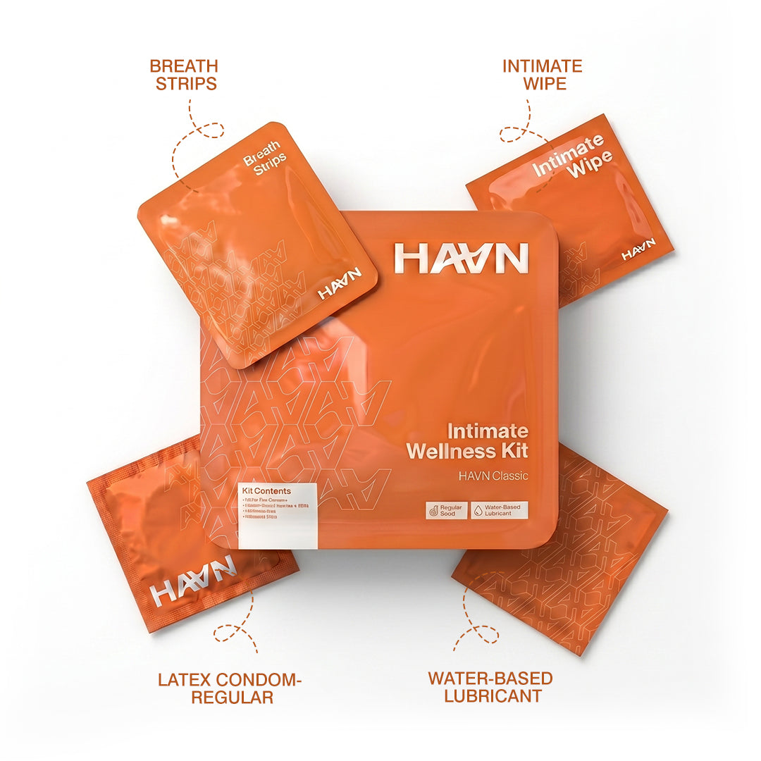 HAVN™ Total Confidence Kit — all-in-one intimacy kit with wipe, condom, lubricant, and breath strips